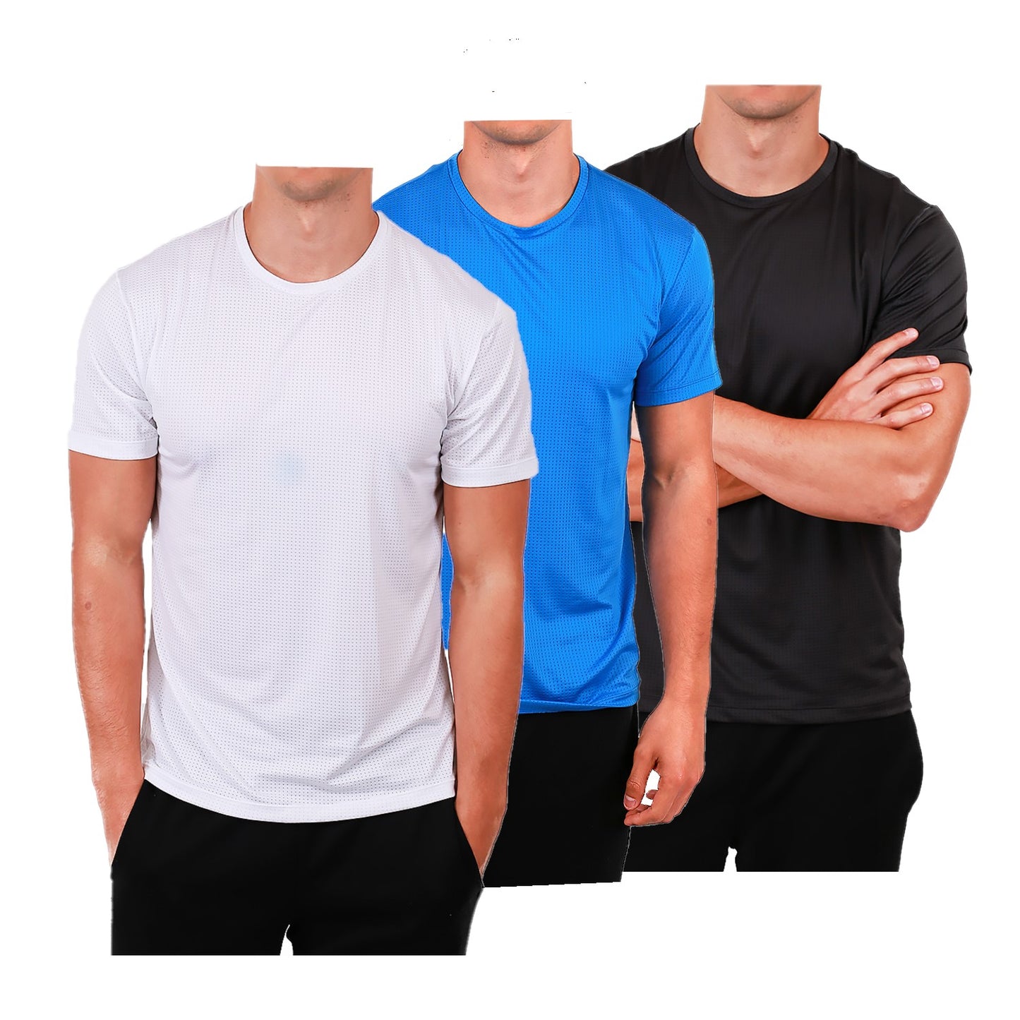 Men's Workout Short Sleeve Dry Fit Top 3 Color Set D.Gr, L.Bl, Wh